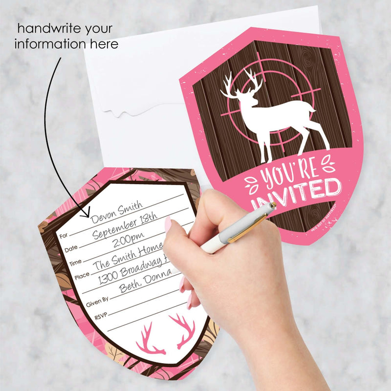 Pink Gone Hunting - Shaped Fill-In Invitations - Deer Hunting Girl Camo Party Invitation Cards with Envelopes - Set of 12