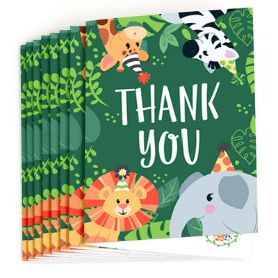 Jungle Party Animals - Safari Zoo Animal Birthday Party or Baby Shower Thank You Cards - 8 ct