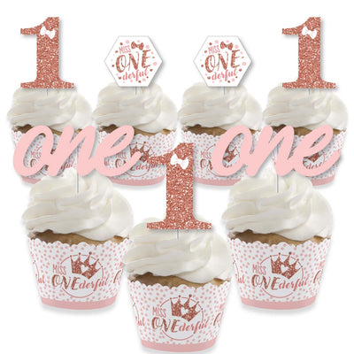 1st Birthday Little Miss Onederful - Cupcake Decoration - Girl First Birthday Party Cupcake Wrappers and Treat Picks Kit - Set of 24