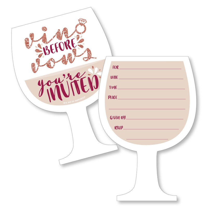 Vino Before Vows - Shaped Fill-In Invitations - Winery Bridal Shower or Bachelorette Party Invitation Cards with Envelopes - Set of 12