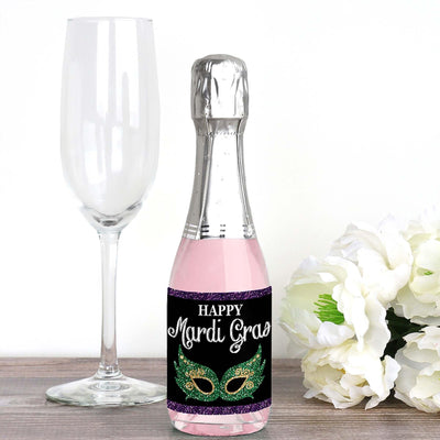 Mardi Gras - Mini Wine and Champagne Bottle Label Stickers - Masquerade Party Favor Gift for Women and Men - Set of 16