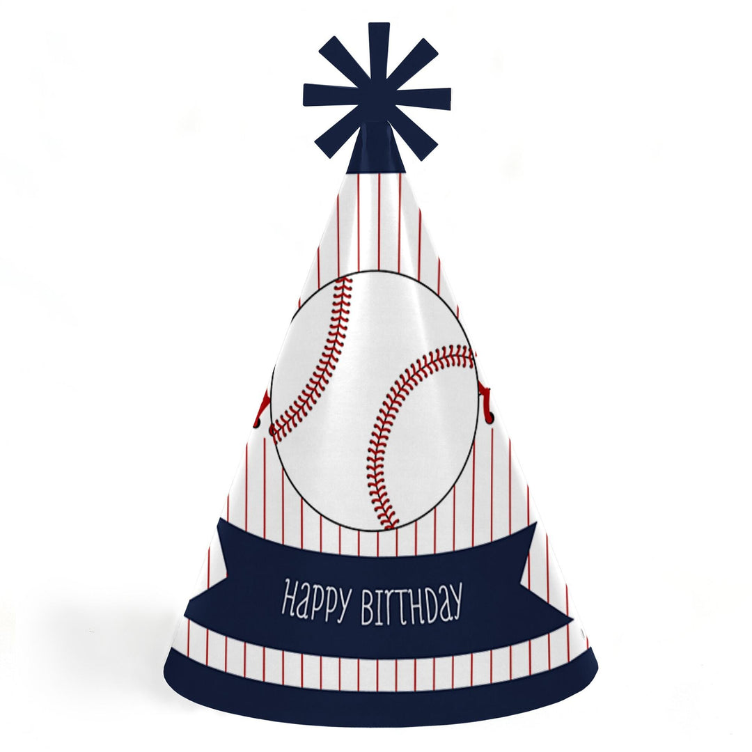 A cone-shaped birthday party hat with a baseball design, featuring red stripes and a 'Happy Birthday' text at the bottom. A festive star is attached to the top.