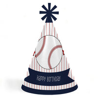 A cone-shaped birthday party hat with a baseball design, featuring red stripes and a 'Happy Birthday' text at the bottom. A festive star is attached to the top.