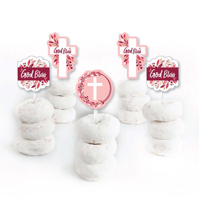 Pink Elegant Cross - Dessert Cupcake Toppers - Girl Religious Party Clear Treat Picks - Set of 24
