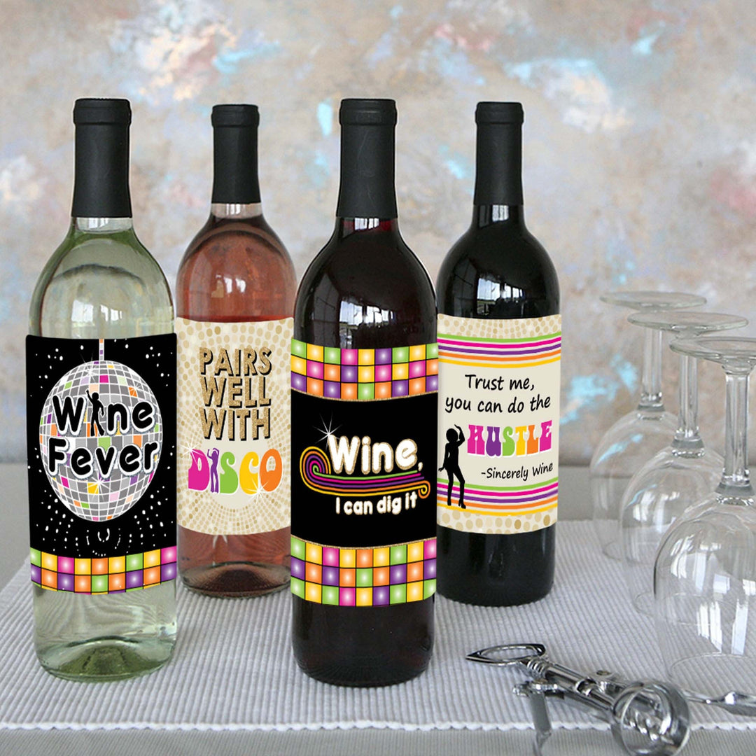 70's Disco - 1970s Party Decorations for Women and Men - Wine Bottle Label Stickers - Set of 4