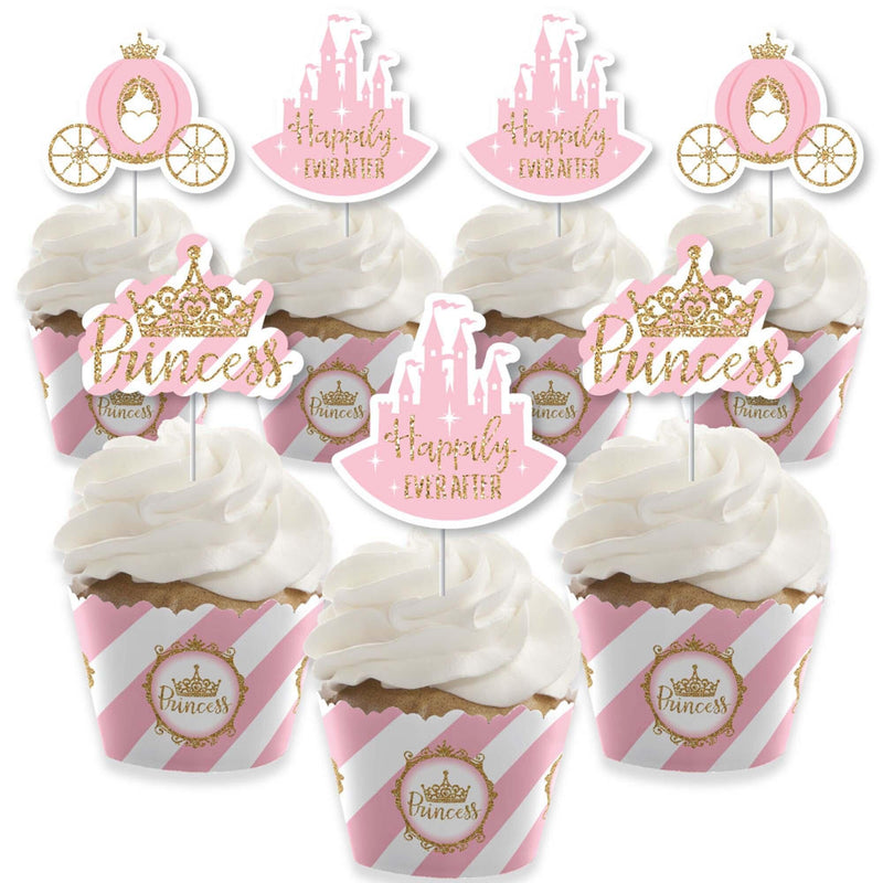 Little Princess Crown - Cupcake Decorations - Pink and Gold Princess Baby Shower or Birthday Party Cupcake Wrappers and Treat Picks Kit - Set of 24