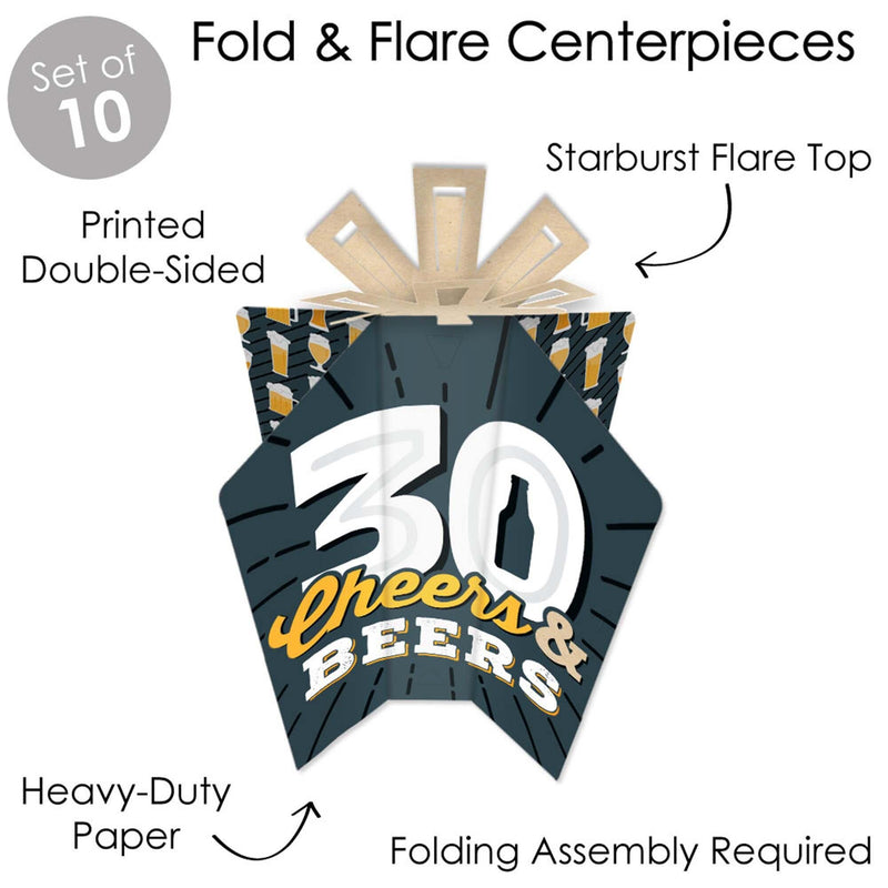 Cheers and Beers to 30 Years - Table Decorations - 30th Birthday Party Fold and Flare Centerpieces - 10 Count
