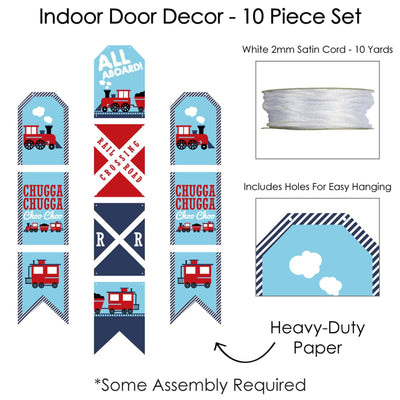 Railroad Party Crossing - Hanging Vertical Paper Door Banners - Steam Train Birthday Party or Baby Shower Wall Decoration Kit - Indoor Door Decor