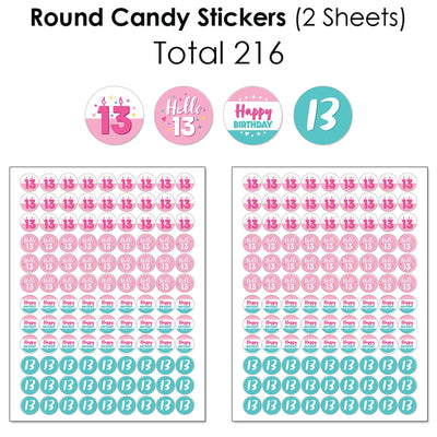 Girl 13th Birthday - Mini Candy Bar Wrappers, Round Candy Stickers and Circle Stickers - Official Teenager Birthday Party Candy Favor Sticker Kit - 304 Pieces
