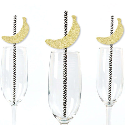 Gold Glitter Bananas Party Straws - No-Mess Real Gold Glitter Cut-Outs and Decorative Tropical Party Paper Straws - Set of 24