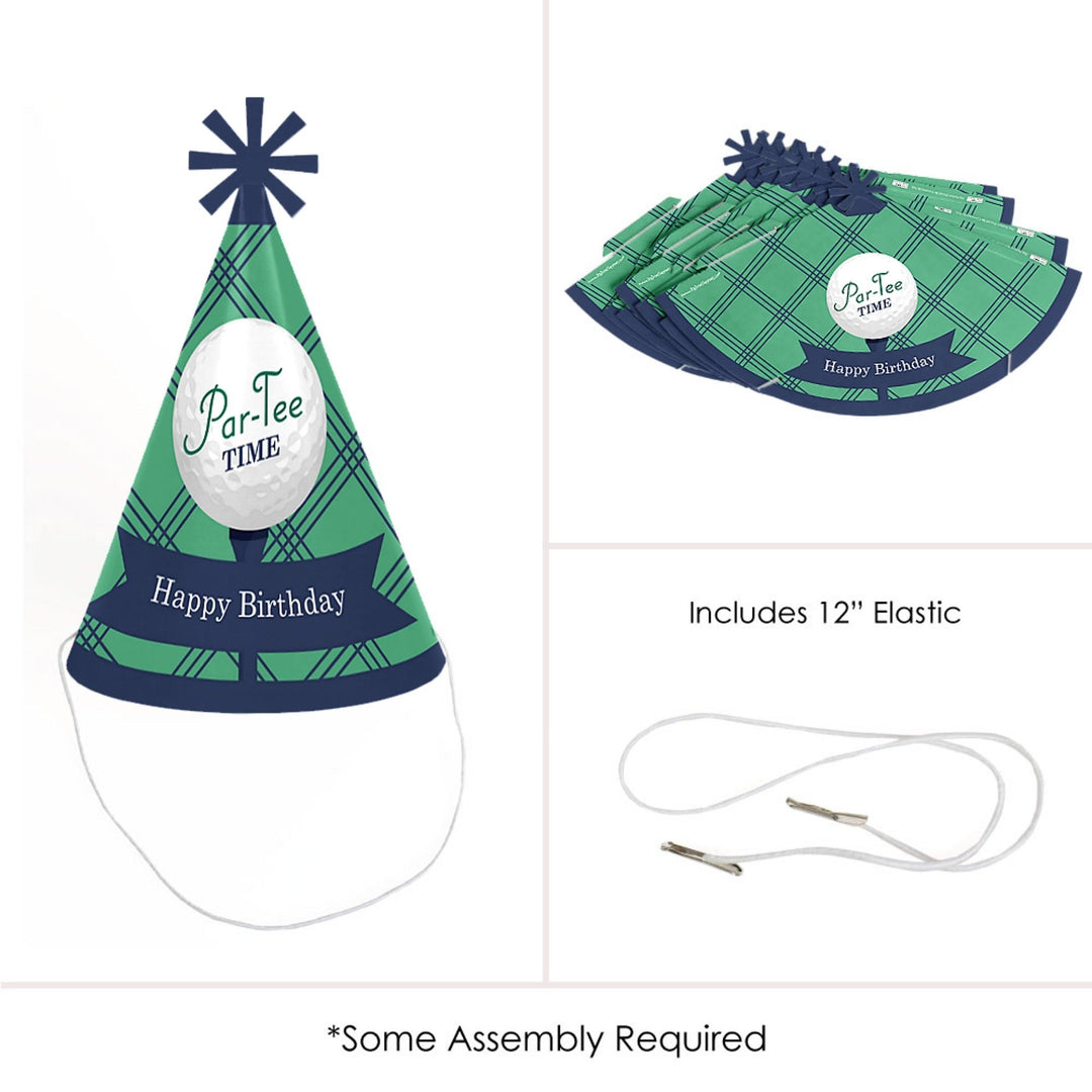Par-Tee Time - Golf - Cone Happy Birthday Party Hats for Kids and Adults - Set of 8 (Standard Size)