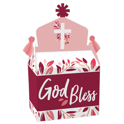 Pink Elegant Cross - Treat Box Party Favors - Girl Religious Party Goodie Gable Boxes - Set of 12