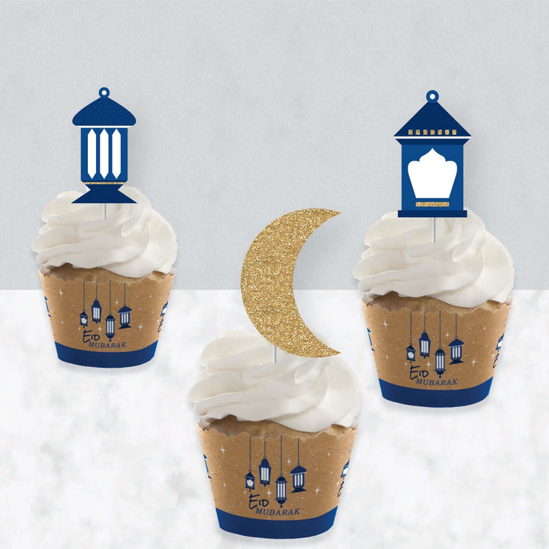 Ramadan - Cupcake Decoration - Eid Mubarak Cupcake Wrappers and Treat Picks Kit - Set of 24