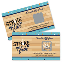 Two scratch-off party game cards with a bowling theme, one with a space to scratch off the top layer revealing the game, and text that reads 'Strike Up the Fun' and 'Throw the ball towards the pin, get a strike and you win!''.