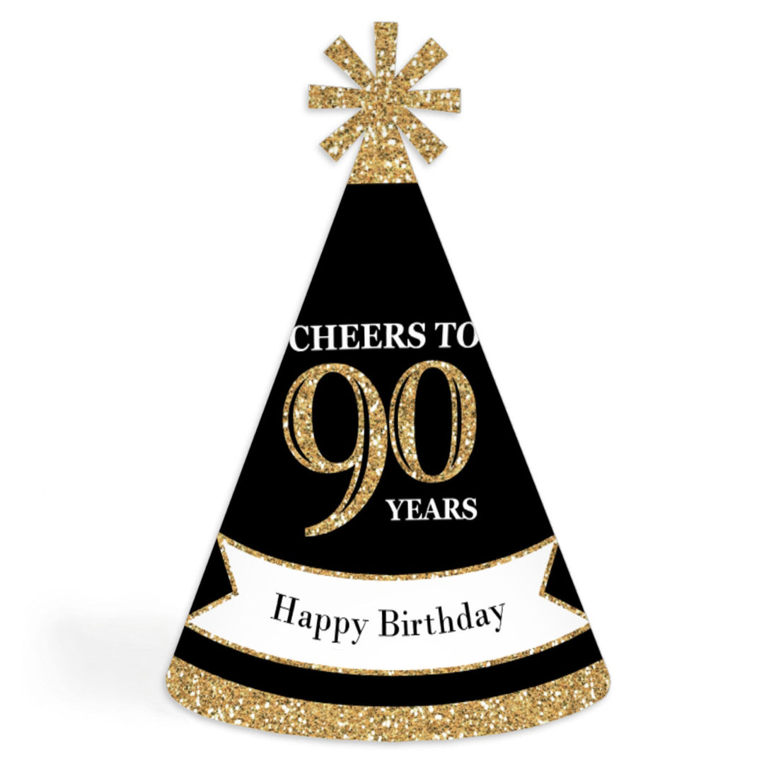 Adult 90th Birthday - Gold - Cone Birthday Party Hats for Adults - Set of 8 (Standard Size)