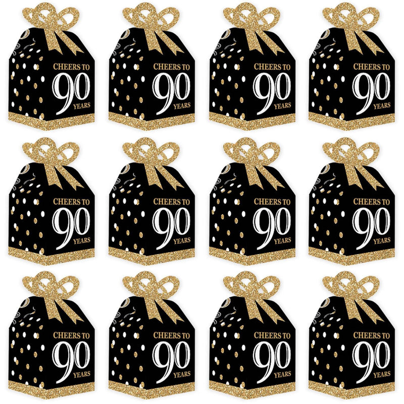 Adult 90th Birthday - Gold - Square Favor Gift Boxes - Birthday Party Bow Boxes - Set of 12