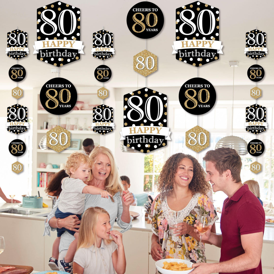 Adult 80th Birthday - Gold - Birthday Party DIY Dangler Backdrop - Hanging Vertical Decorations - 30 Pieces
