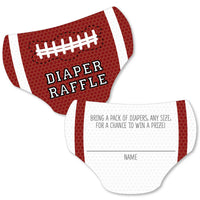 Diaper-shaped raffle ticket inserts with 'DIAPER RAFFLE' text and a football pattern. The ticket has a name line and text inviting guests to bring a pack of diapers for a chance to win.