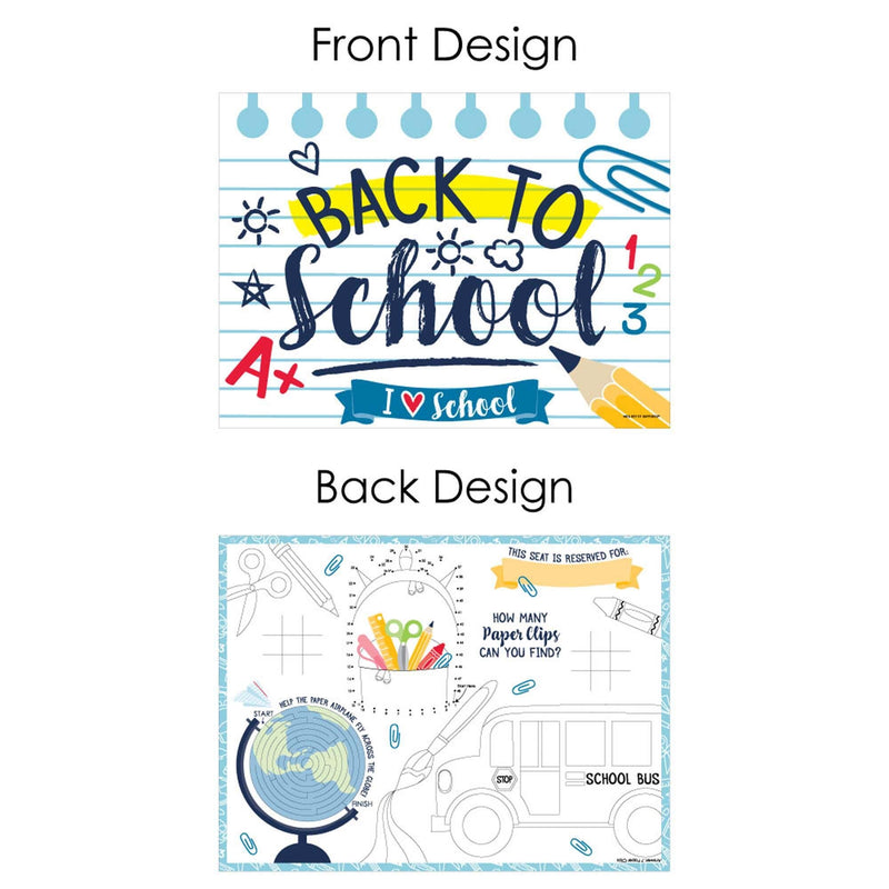 Back to School - Paper First Day of School Classroom Decorations Coloring Sheets - Activity Placemats - Set of 16
