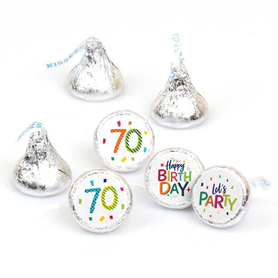 70th Birthday - Cheerful Happy Birthday - Round Candy Labels Colorful Seventieth Birthday Party Favors - Fits Hershey's Kisses - 108 ct