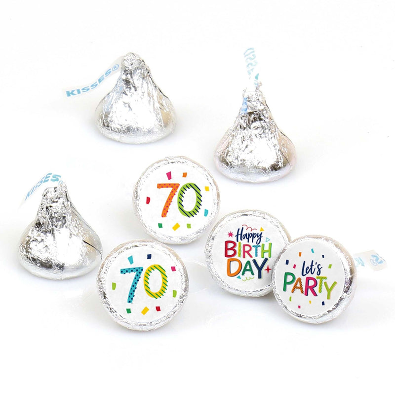70th Birthday - Cheerful Happy Birthday - Round Candy Labels Colorful Seventieth Birthday Party Favors - Fits Hershey&