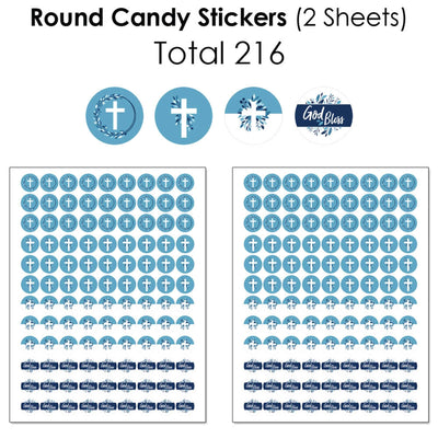 Blue Elegant Cross - Mini Candy Bar Wrappers, Round Candy Stickers and Circle Stickers - Boy Religious Party Candy Favor Sticker Kit - 304 Pieces
