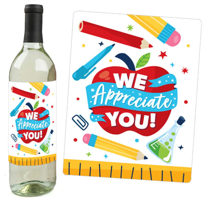 Thank You Teachers - Teacher Appreciation Decorations for Women and Men - Wine Bottle Label Stickers - Set of 4
