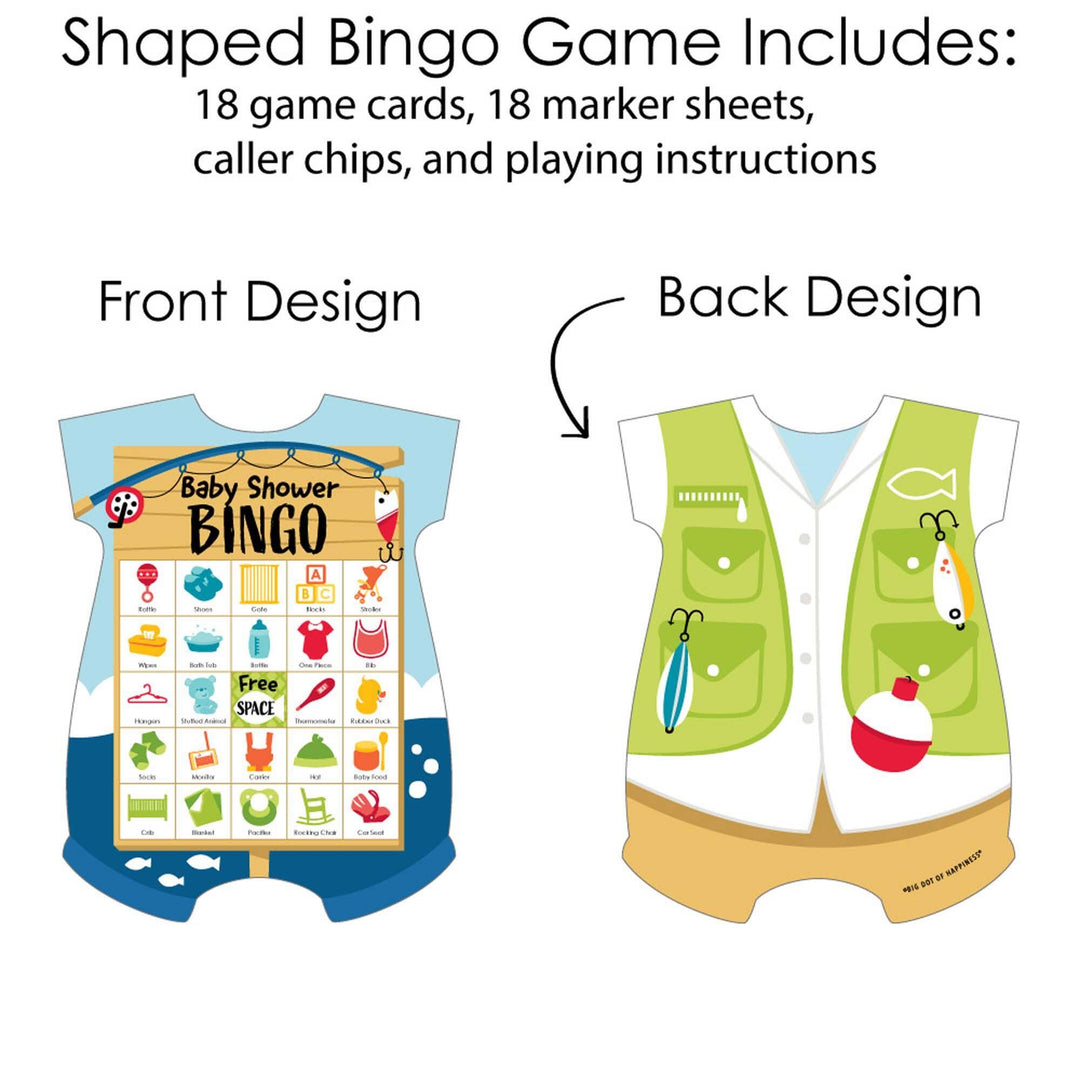 Let's Go Fishing - Picture Bingo Cards and Markers - Fish Themed Baby Shower Shaped Bingo Game - Set of 18