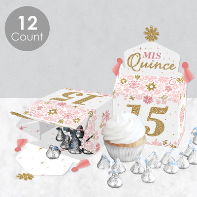 Mis Quince Anos - Treat Box Party Favors - Quinceanera Sweet 15 Birthday Party Goodie Gable Boxes - Set of 12