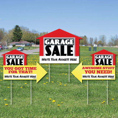 Garage Sale Signs - Yard Sign with Stakes - Double Sided Outdoor Lawn Sign - Set of 3