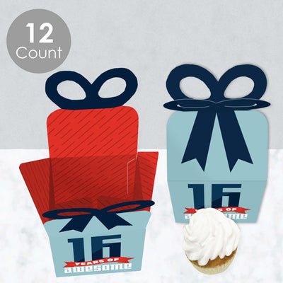 Boy 16th Birthday - Square Favor Gift Boxes - Sweet Sixteen Birthday Party Bow Boxes - Set of 12