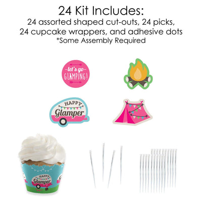 Let's Go Glamping - Cupcake Decoration - Camp Glamp Party or Birthday Party Cupcake Wrappers and Treat Picks Kit - Set of 24