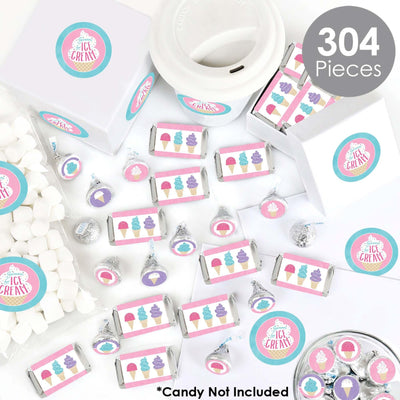 Scoop Up The Fun - Ice Cream - Mini Candy Bar Wrappers, Round Candy Stickers and Circle Stickers - Sprinkles Party Candy Favor Sticker Kit - 304 Pieces