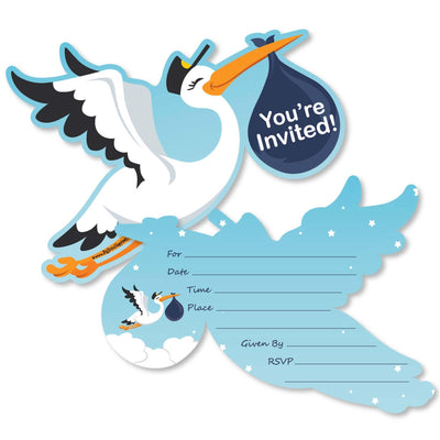 Boy Special Delivery - Shaped Fill-In Invitations - Blue It's A Boy Stork Baby Shower Invitation Cards with Envelopes - Set of 12