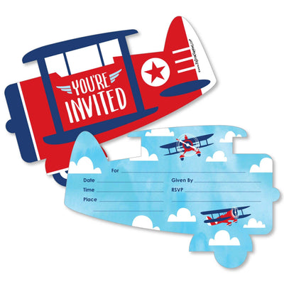 Taking Flight - Airplane - Shaped Fill-In Invitations - Vintage Plane Baby Shower or Birthday Party Invitation Cards with Envelopes - Set of 12