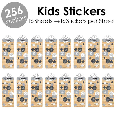 Bump, Set, Spike - Volleyball - Birthday Party Favor Kids Stickers - 16 Sheets - 256 Stickers