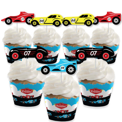 Let's Go Racing - Racecar - Cupcake Decoration - Race Car Birthday Party or Baby Shower Cupcake Wrappers and Treat Picks Kit - Set of 24