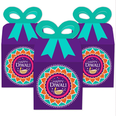 Happy Diwali - Square Favor Gift Boxes - Festival of Lights Party Bow Boxes - Set of 12