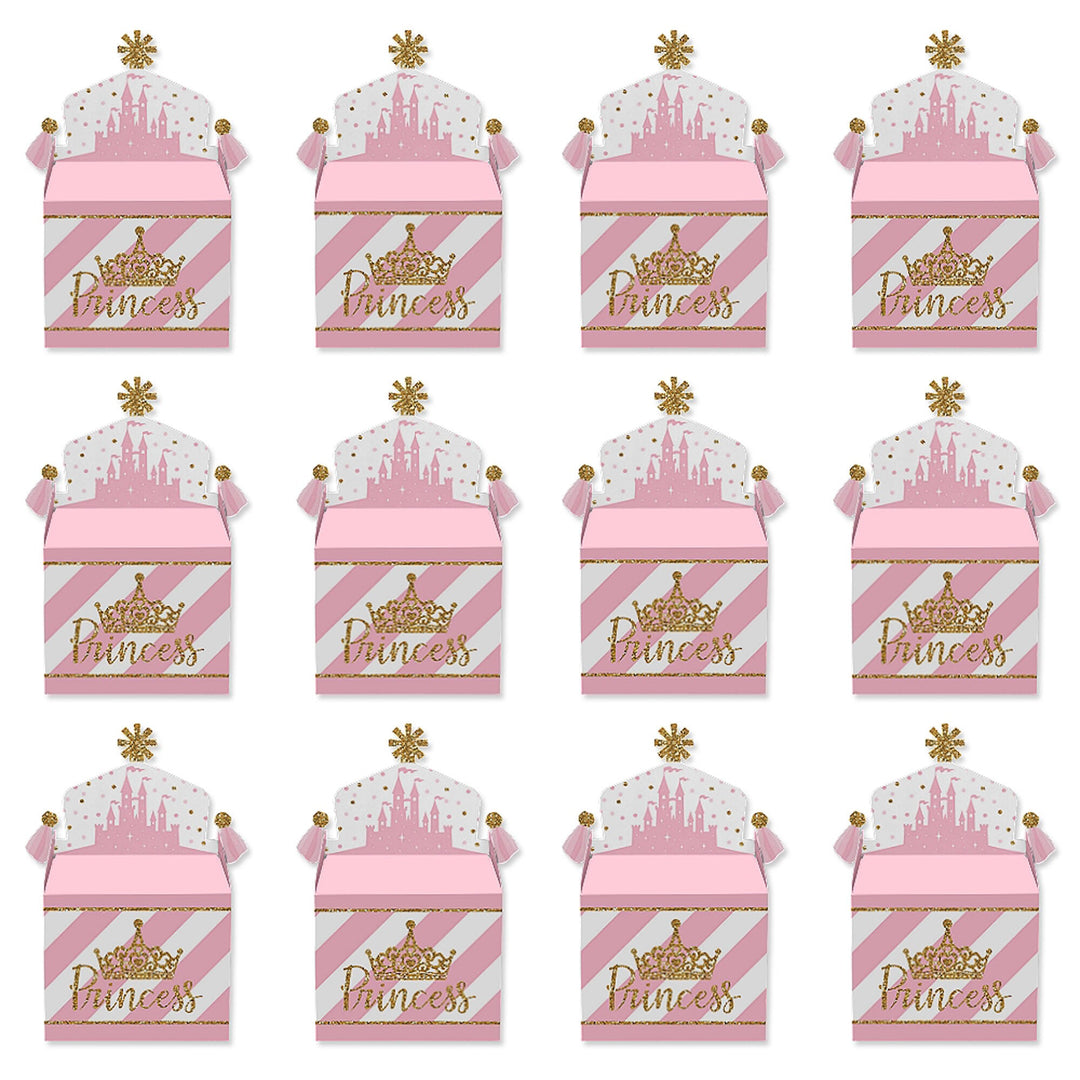 Little Princess Crown - Treat Box Party Favors - Pink and Gold Princess Baby Shower or Birthday Party Goodie Gable Boxes - Set of 12