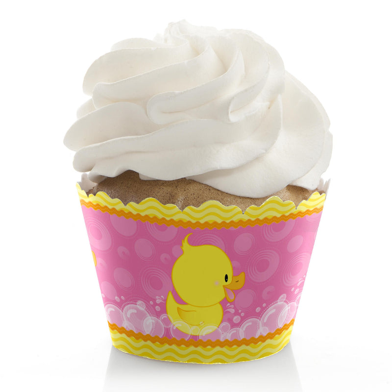 Pink Ducky Duck - Girl Baby Shower or Birthday Decorations - Party Cupcake Wrappers - Set of 12
