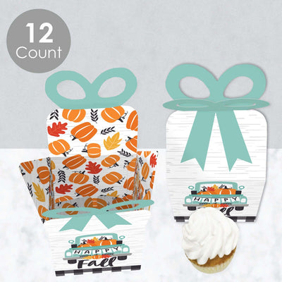 Happy Fall Truck - Square Favor Gift Boxes - Harvest Pumpkin Party Bow Boxes - Set of 12