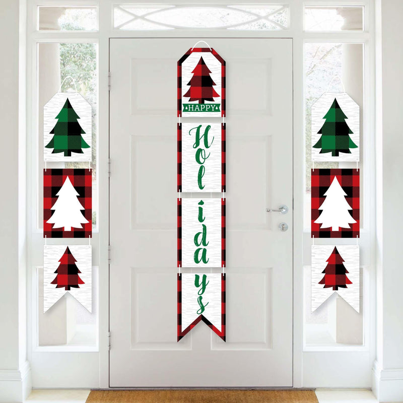 Holiday Plaid Trees - Hanging Vertical Paper Door Banners - Buffalo Plaid Christmas Party Wall Decoration Kit - Indoor Door Decor
