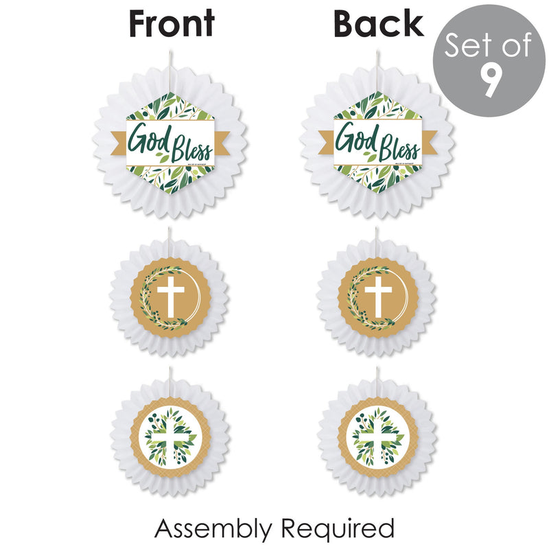 Elegant Cross - Hanging Religious Party Tissue Decoration Kit - Paper Fans - Set of 9