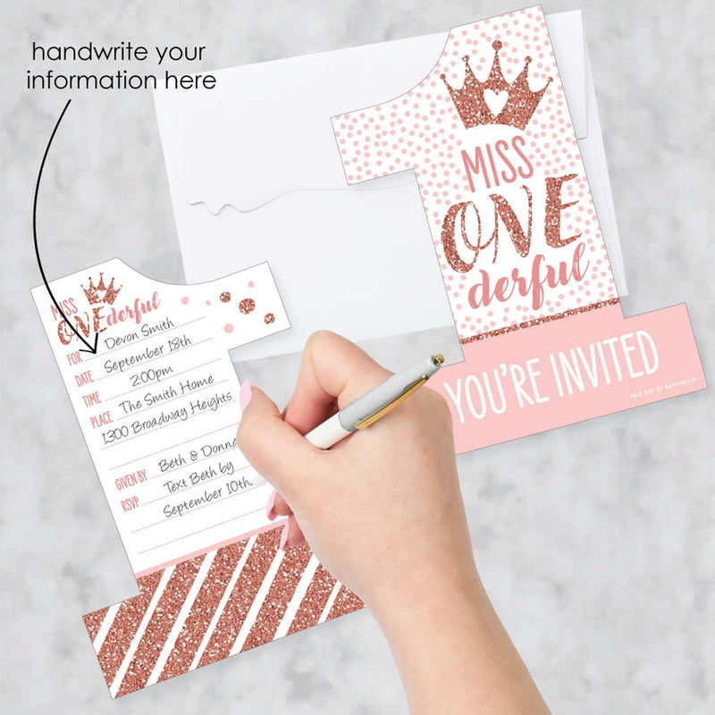 1st Birthday Little Miss Onederful - Shaped Fill-In Invitations - Girl First Birthday Party Invitation Cards with Envelopes - Set of 12