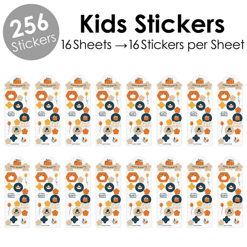 Happy Thanksgiving - Fall Harvest Party Favor Kids Stickers - 16 Sheets - 256 Stickers