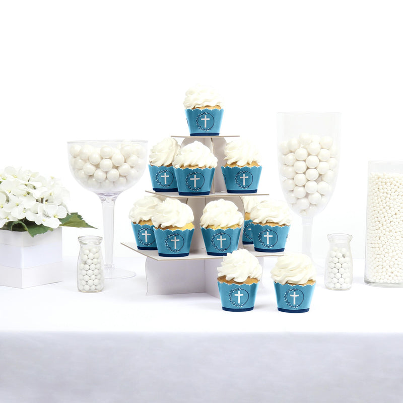 Blue Elegant Cross - Boy Religious Party Decorations - Party Cupcake Wrappers - Set of 12