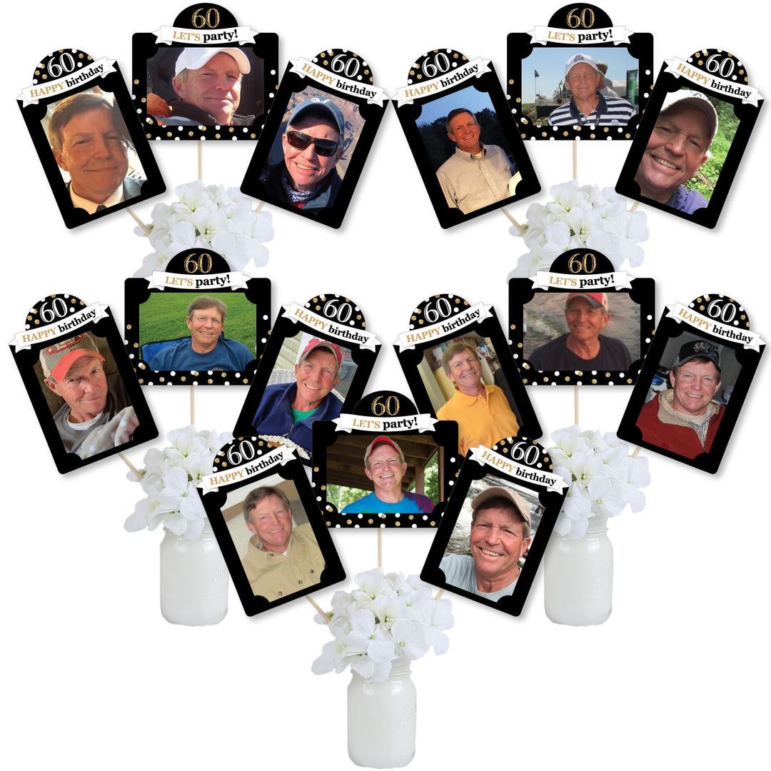 Adult 60th Birthday - Gold - Birthday Party Picture Centerpiece Sticks - Photo Table Toppers - 15 Pieces