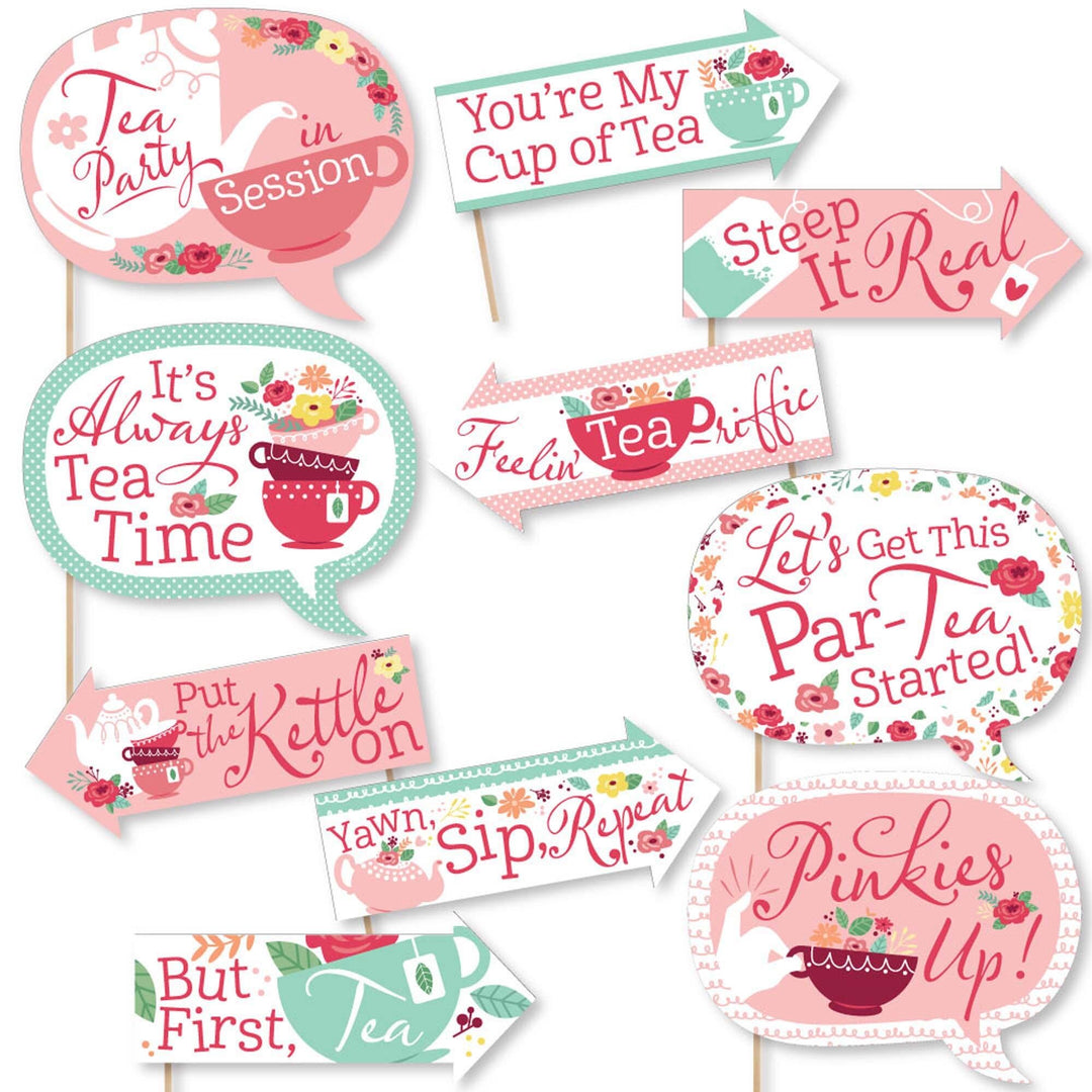 Funny Floral Let's Par-Tea - Garden Tea Party Photo Booth Props Kit - 10 Piece