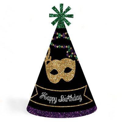 Mardi Gras - Cone Happy Birthday Party Hats for Kids and Adults - Set of 8 (Standard Size)