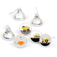 A collection of round candy stickers with construction truck images, designed for Hershey's Kisses, in a set of four different designs.